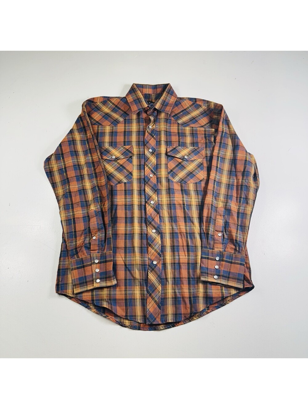 Roper Western Pearl Snap Shirt Long Sleeve Orange Blue Plaid Men’s Size Medium
